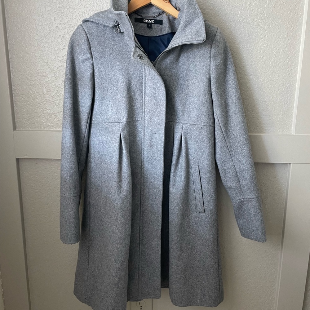 DKNY/ Donna Karen Gray Wool Blend Babydoll Hooded Coat